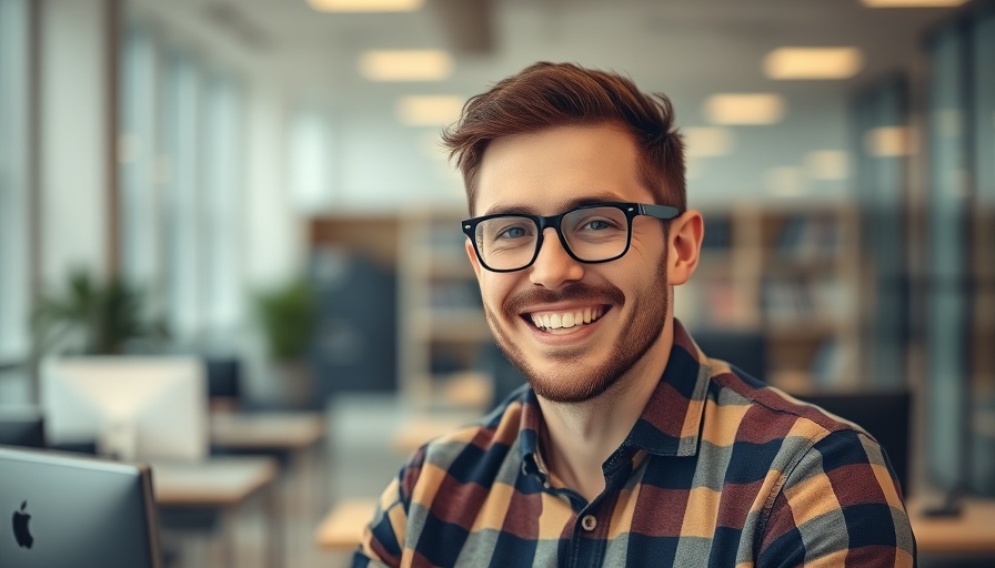 Smiling man in office highlights work-life balance growth challenges.