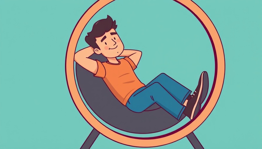 Relaxed man in giant wheel representing future of China 996 work culture.