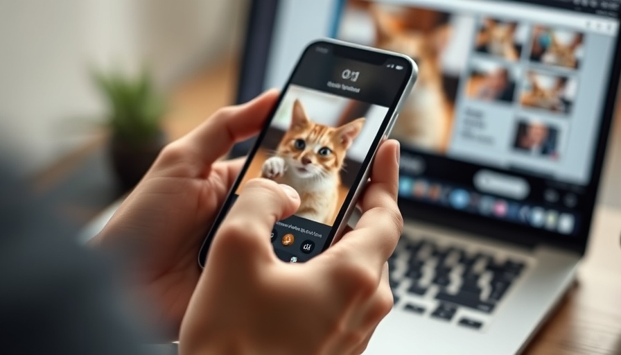 Browsing smartphone app with cat videos, blurred laptop background.