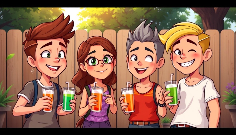 Four cartoon characters standing outside holding drinks, casual gathering.