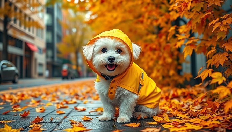 Dog in yellow raincoat on autumn street - How to Travel With Your Pet.