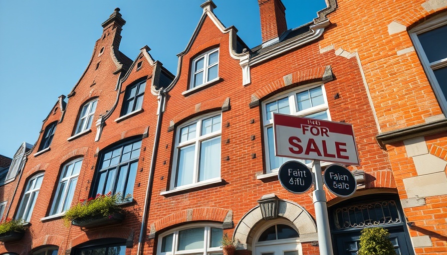 Belgian townhouse with 'for sale' sign highlighting property tax increase.