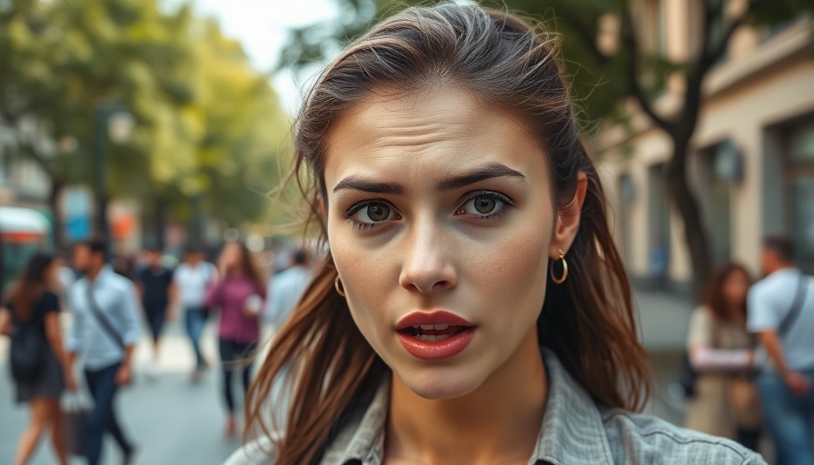 Woman discussing toxic work culture outdoors, expressive and dynamic.