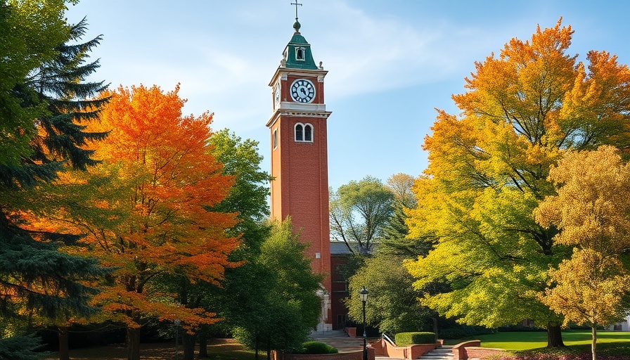 Historic clock tower amidst greenery, representing University Mental Health Charter Award.