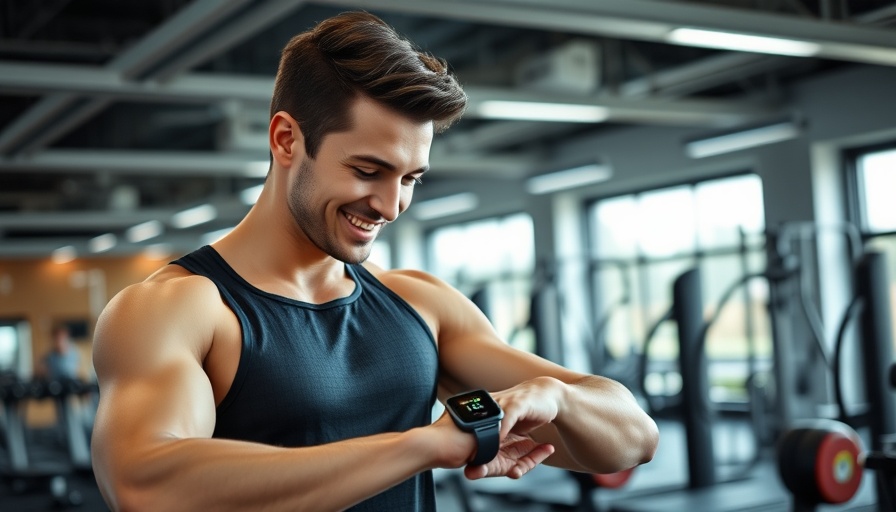 Fit man checking smartwatch for resting heart rate in gym.