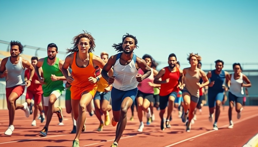 Athletes running on track with determined expressions in stadium.