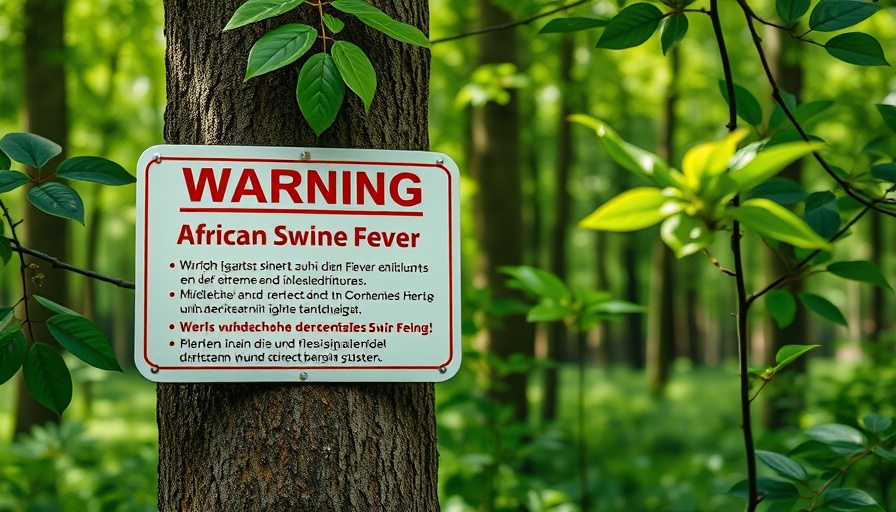 Warning sign about African Swine Fever risks in forest area.