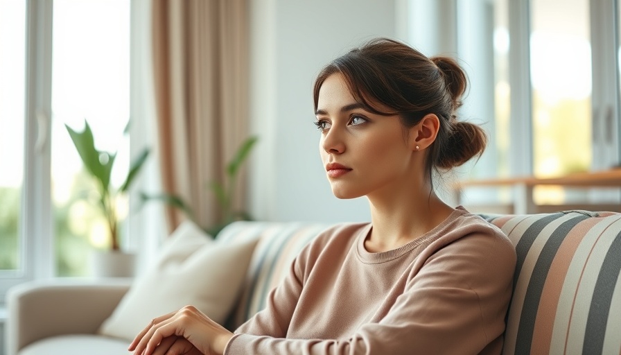 Young woman in a bright living room, contemplating.