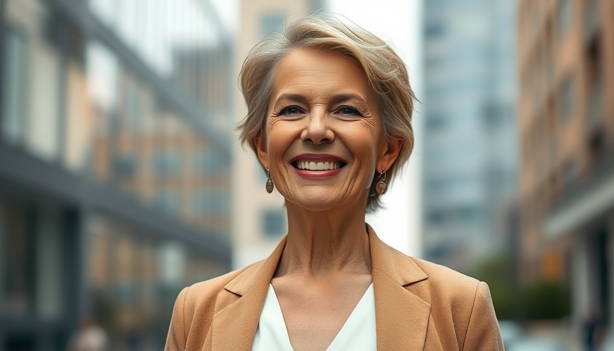 Middle-aged woman smiling confidently in an urban setting.