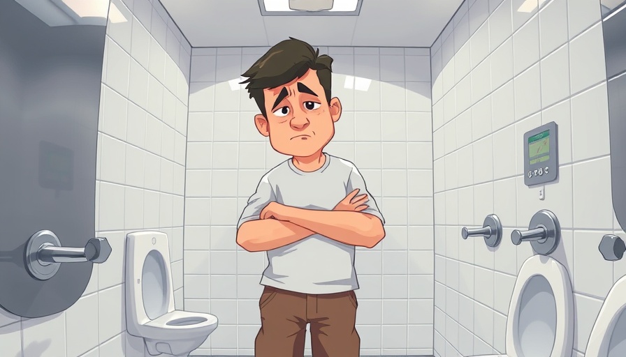 Illustration of power peeing risks in a public restroom.