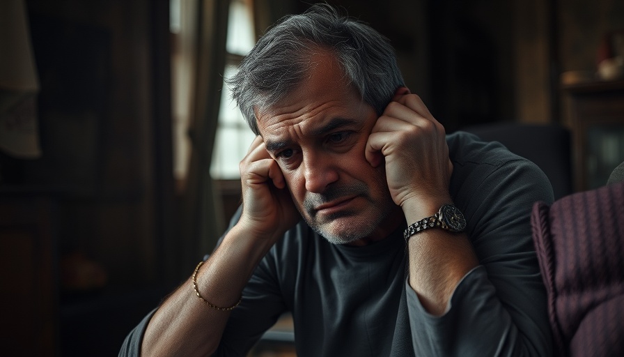 Distressed man reflecting on C-reactive protein-to-albumin ratio in depression.