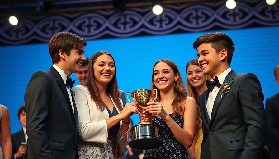 Alma teens receiving a trophy at an award ceremony.