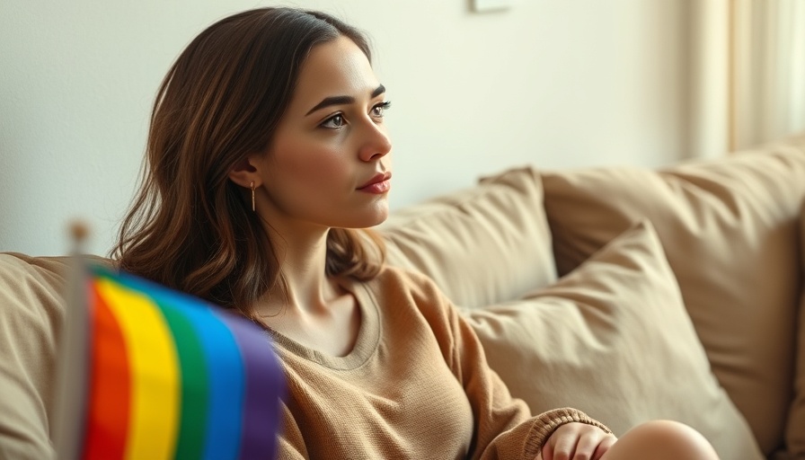 Thoughtful young woman sitting on couch, LGBTQ flag visible.