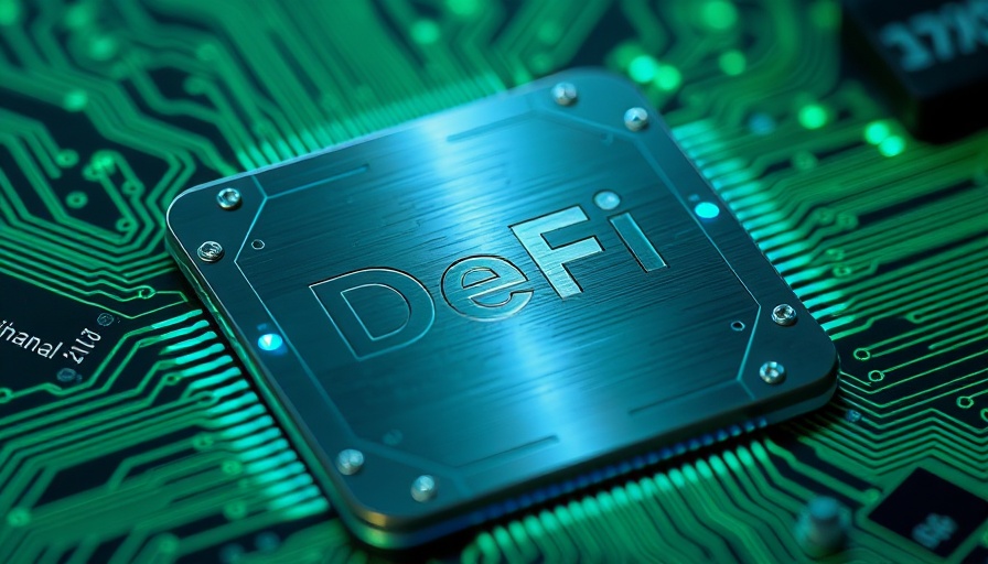 Futuristic chip with DeFi text on green circuit board
