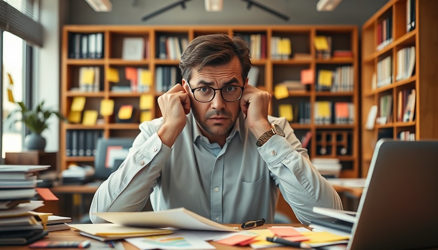 Stressed worker surrounded by sticky notes illustrating inefficient productivity hacks.