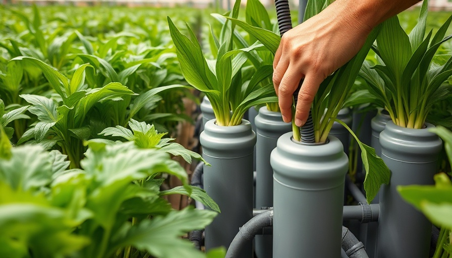 Water-based leek cultivation in hydroponic system with hands adjusting pipes.