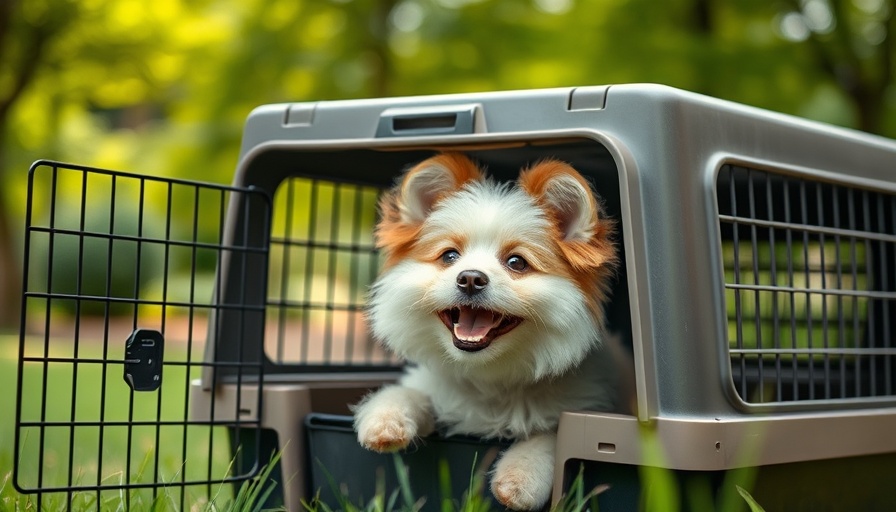 Happy dog in travel crate outdoors, pet travel insurance