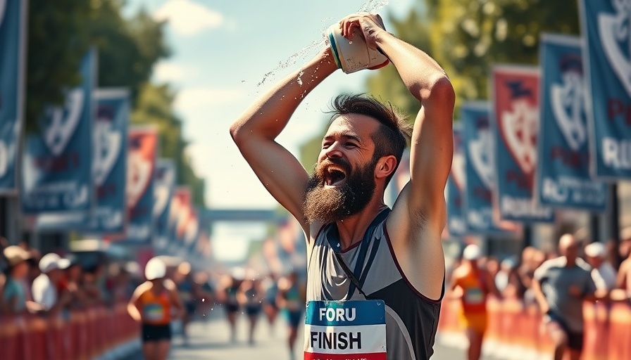 Runner cooling down at finish line during warm weather event.