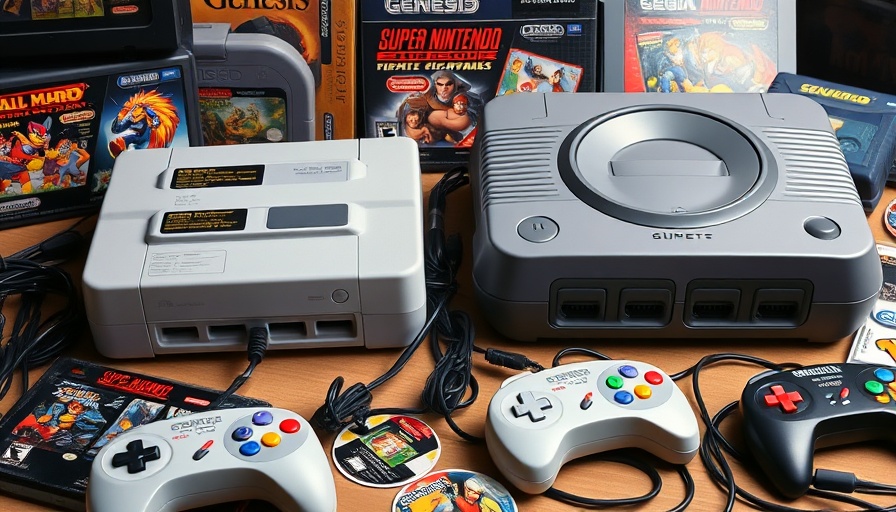 Retro gaming consoles featuring SNES and Sega Genesis for console wars nostalgia.