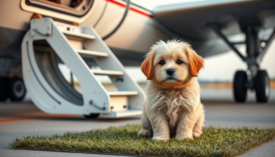 Fluffy dog on green mat in front of airplane stairs on tarmac, Traveling with Dogs Made Easy