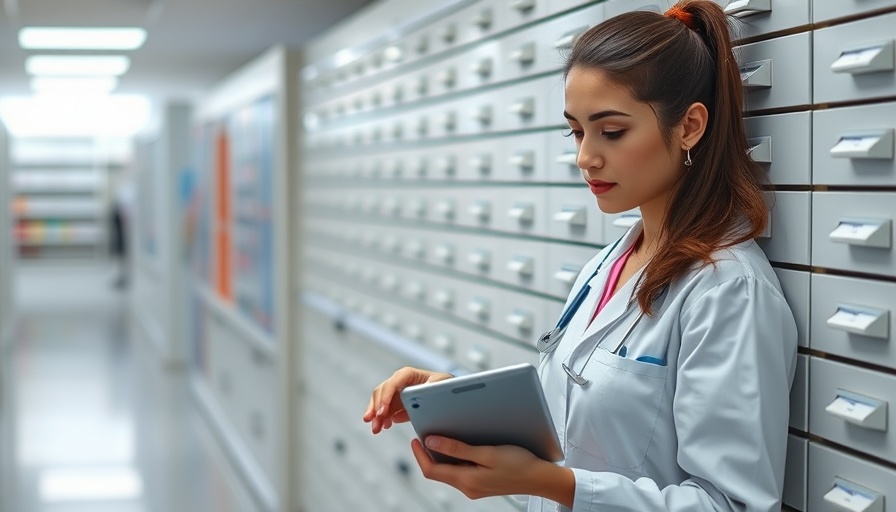 Pharmacist using tablet in modern pharmacy, Cao Apothekers in Dienstverband 2025.