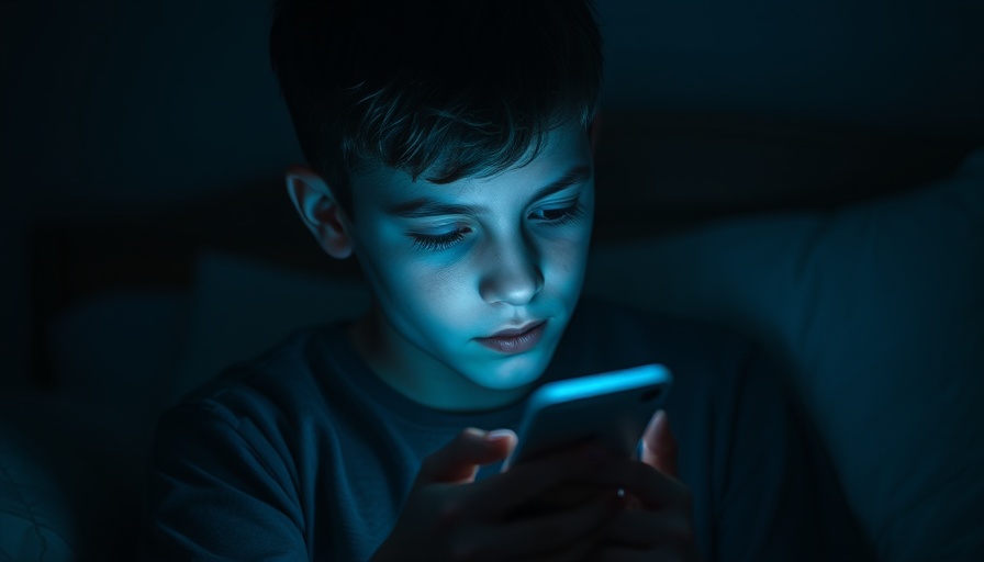 Young boy in dim room looking at phone, exemplifying kids' mental health support.