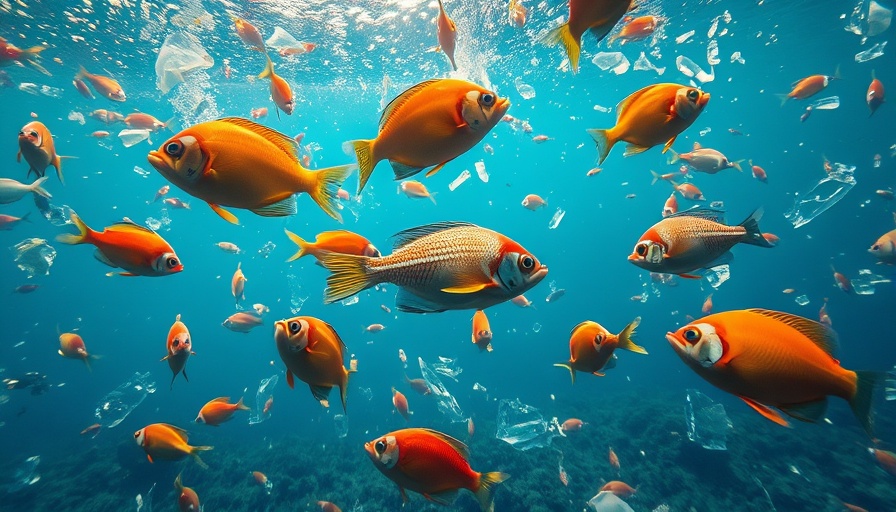 Fish among plastic debris underwater, highlighting pollution's impact.