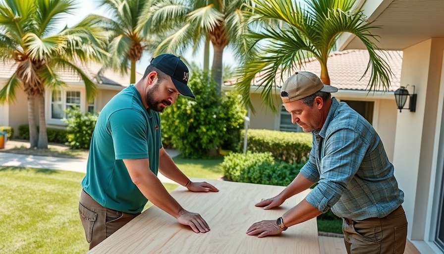 Men installing boards before hurricane in Florida neighborhood.