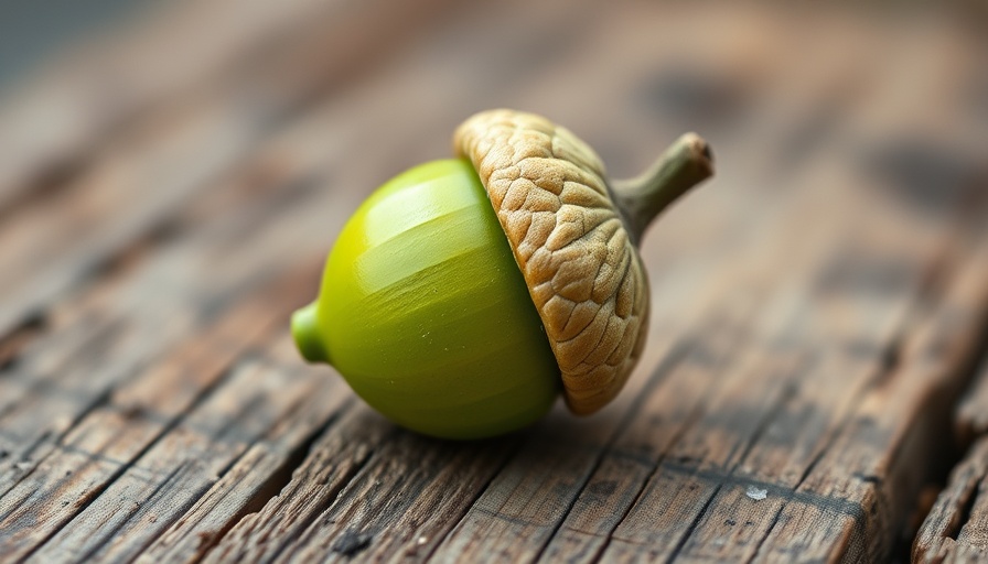 Close-up green acorn on wooden surface, related to toxic acorns livestock.