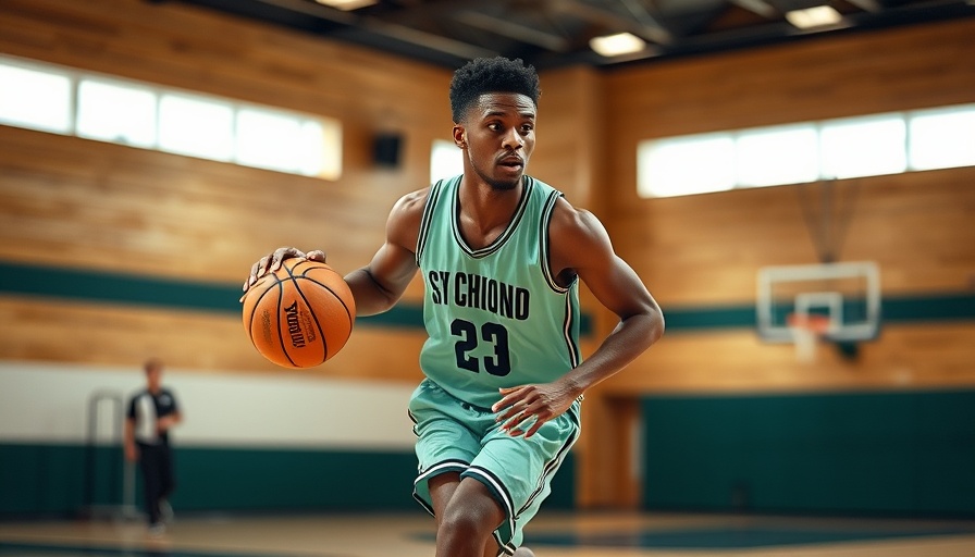 Basketball player in mint jersey dribbling on court.