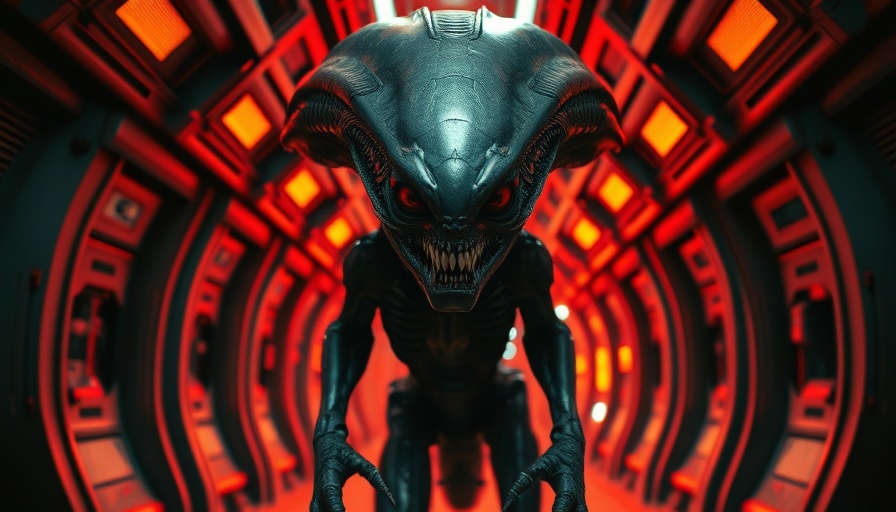 Intimidating alien in sci-fi corridor with red lighting