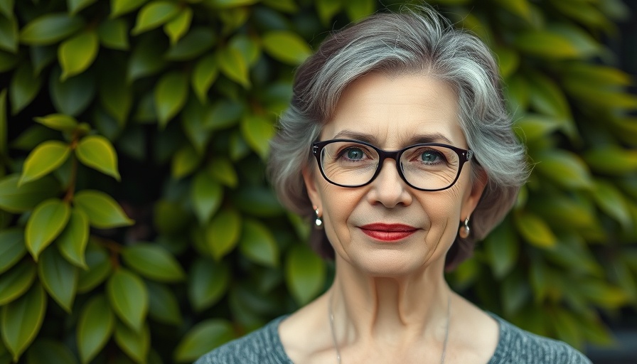 Middle-aged woman outdoors with leafy background.