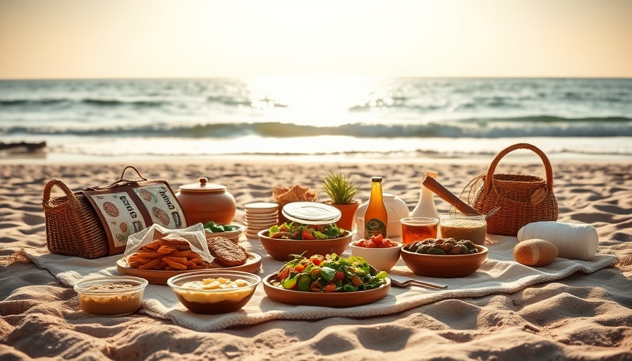 Cozy beach picnic with vegan dishes in golden sunlight