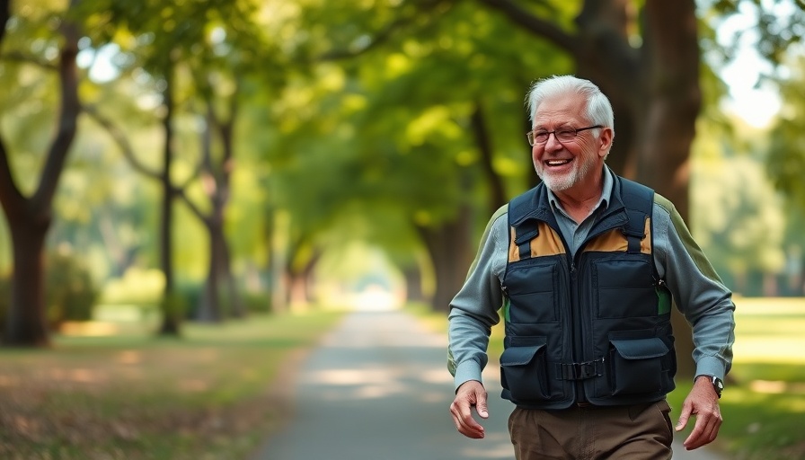 Older adult walking in park with weighted vest, highlighting benefits.