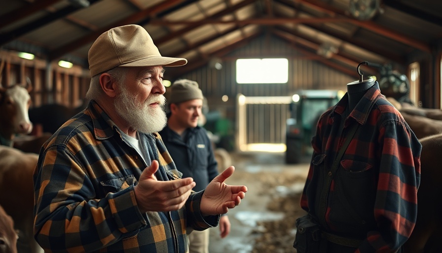 Elderly farmer discusses innovation in agriculture inside a barn.