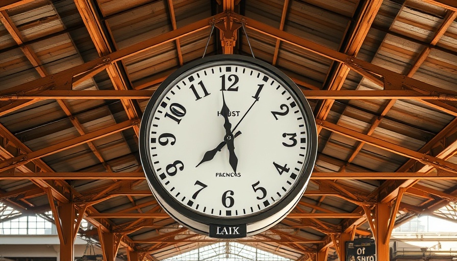 Industrial clock under station roof, key to workplace punctuality.