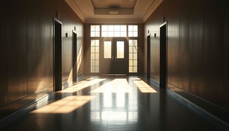 Empty hallway with sunlight through doors symbolizing employment termination based on unproven allegations.