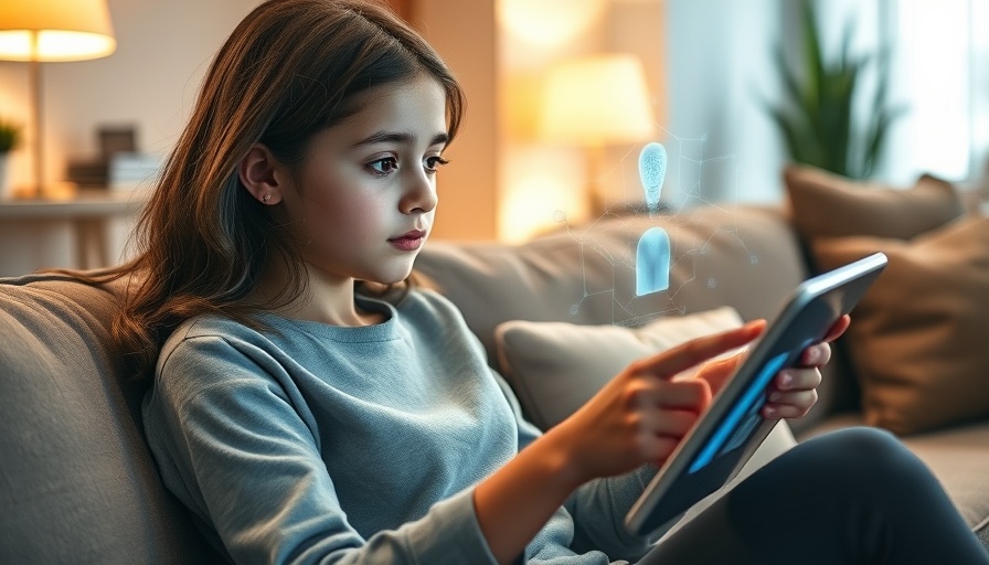 Teen girl using AI companionship on tablet in cozy living room.
