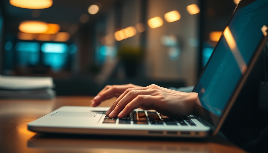 Close-up of hand typing on keyboard, modern workspace, Future of Work.