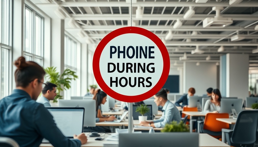 Open-office showcasing workplace phone policy sign.