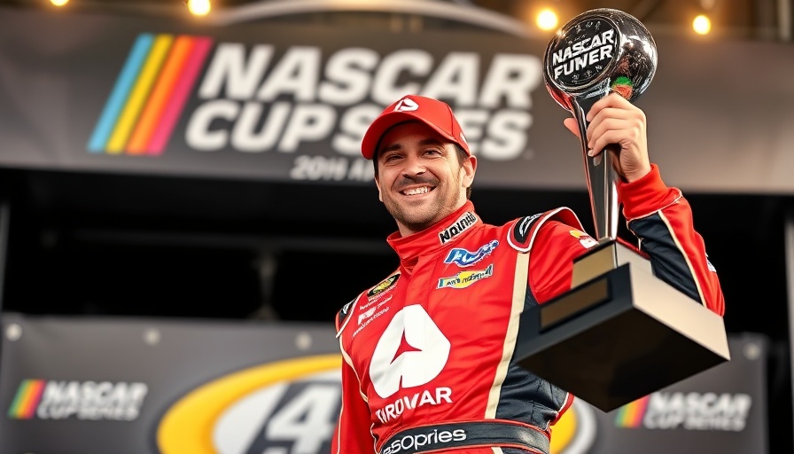 Southern 500 NASCAR 2026 winner posing with trophy in racing suit.