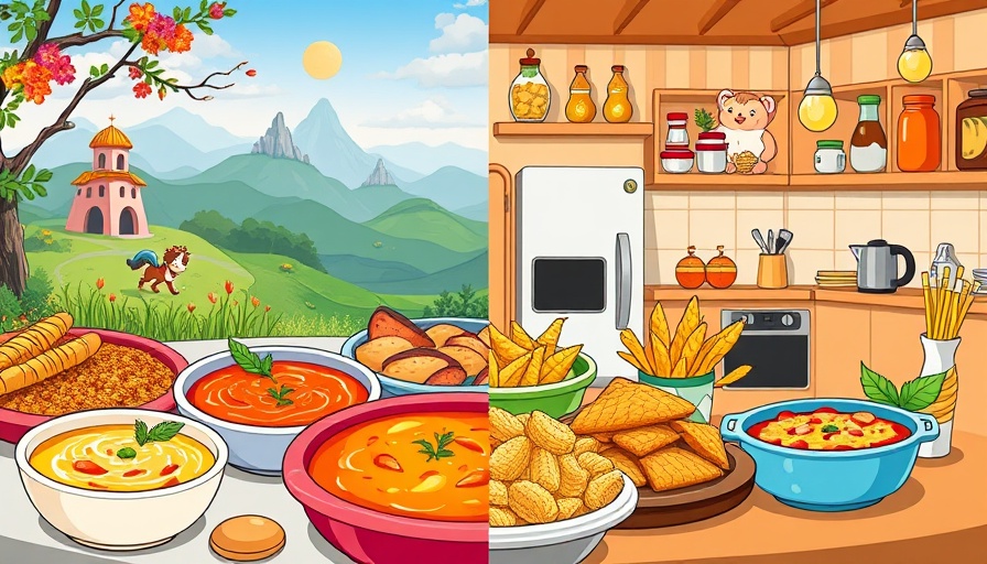 Vibrant Maggi gaming IRL with diverse foods part cartoon, part real.