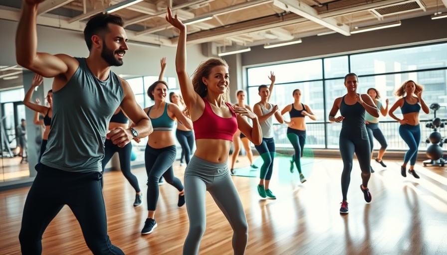 Diverse fitness group working out energetically in a modern gym.