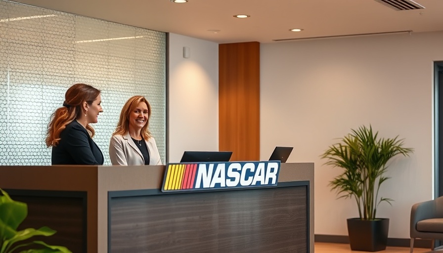 Women at NASCAR reception desk discussing event, bright setting.
