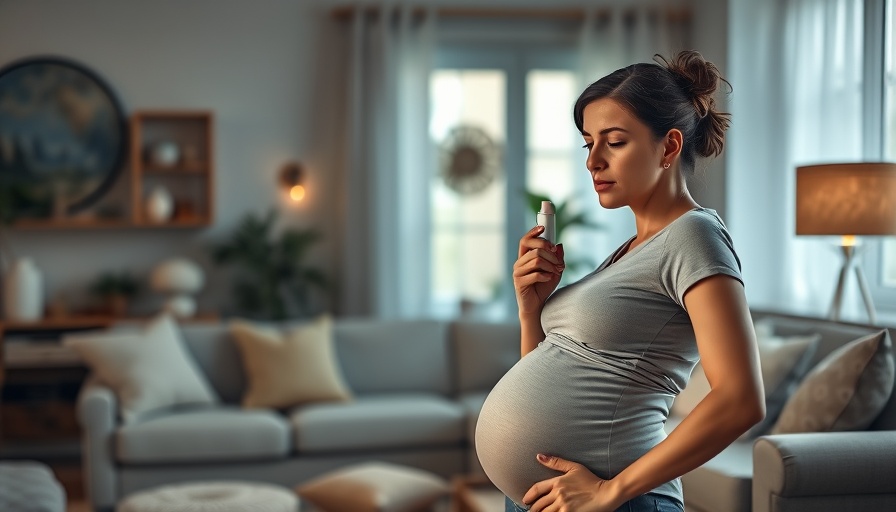 Pregnant woman using asthma medication in a living room setting.