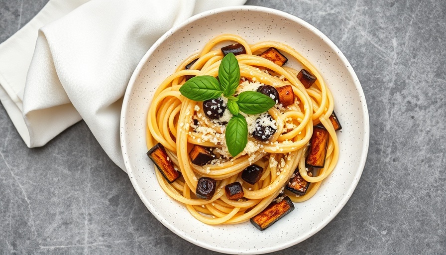 Vegetarian eggplant pasta dish with basil and cheese.