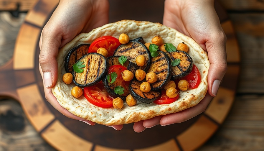 Gourmet flatbread with grilled eggplant, tomatoes, and chickpeas.