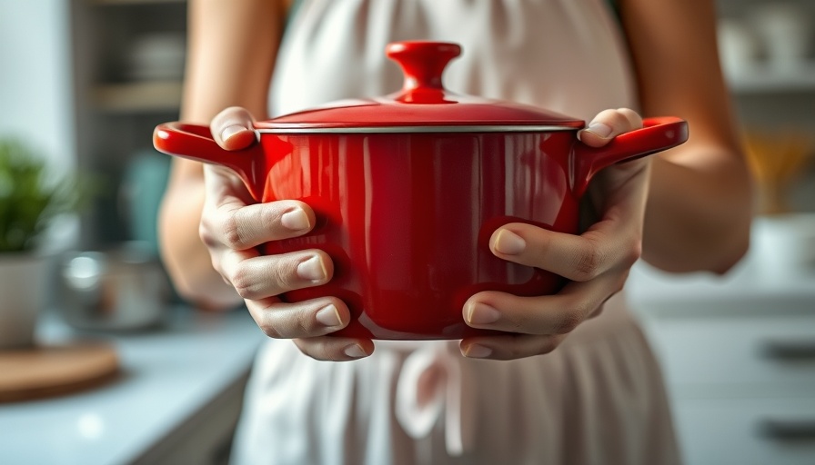 Hands holding red pot in kitchen for easy healthy vacation recipes.