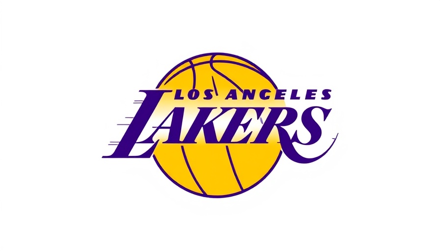 Los Angeles Lakers logo in purple and gold with basketball design.
