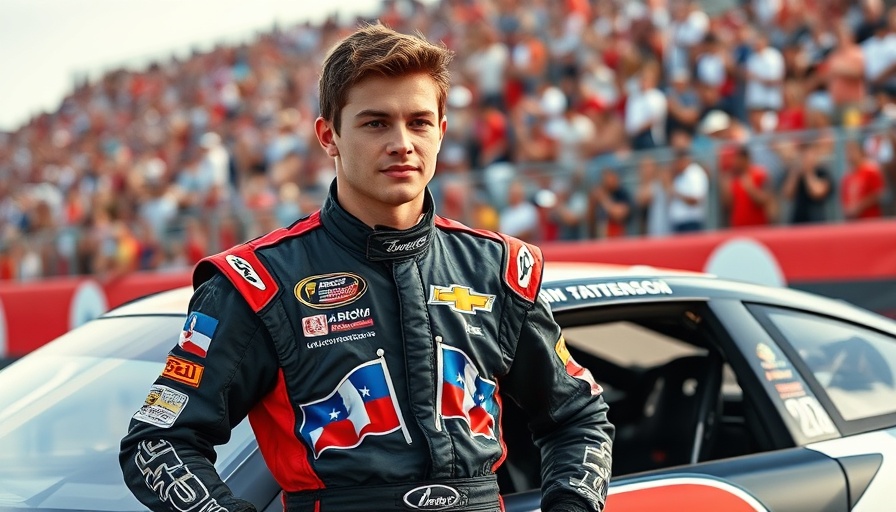 Young NASCAR driver standing next to car at racetrack.